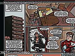 Hentai-peliparodia, jossa mukana kaksi vaaleaa milfiä ja Adult Spiderman kolmen kimpassa