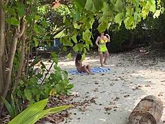 A hidden pervert pleasures busty mature women and their stepsdaughter, ejaculating on their sun-soaked bodies