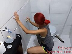 Cleaning the bathroom of my hot MILF sister-in-law leads to unexpected orgasm