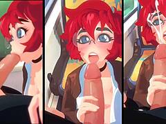 熟女の赤毛が電車でフェラチオをして、自家製ビデオで顔に熱い精液を受け取る