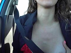 Masturbating in a car with natural tits and cum in mouth