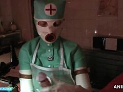 Jade Green ápolónő maszkkesztyűben anális ökölködést és szopást ad a betegnek gumis ruhában
